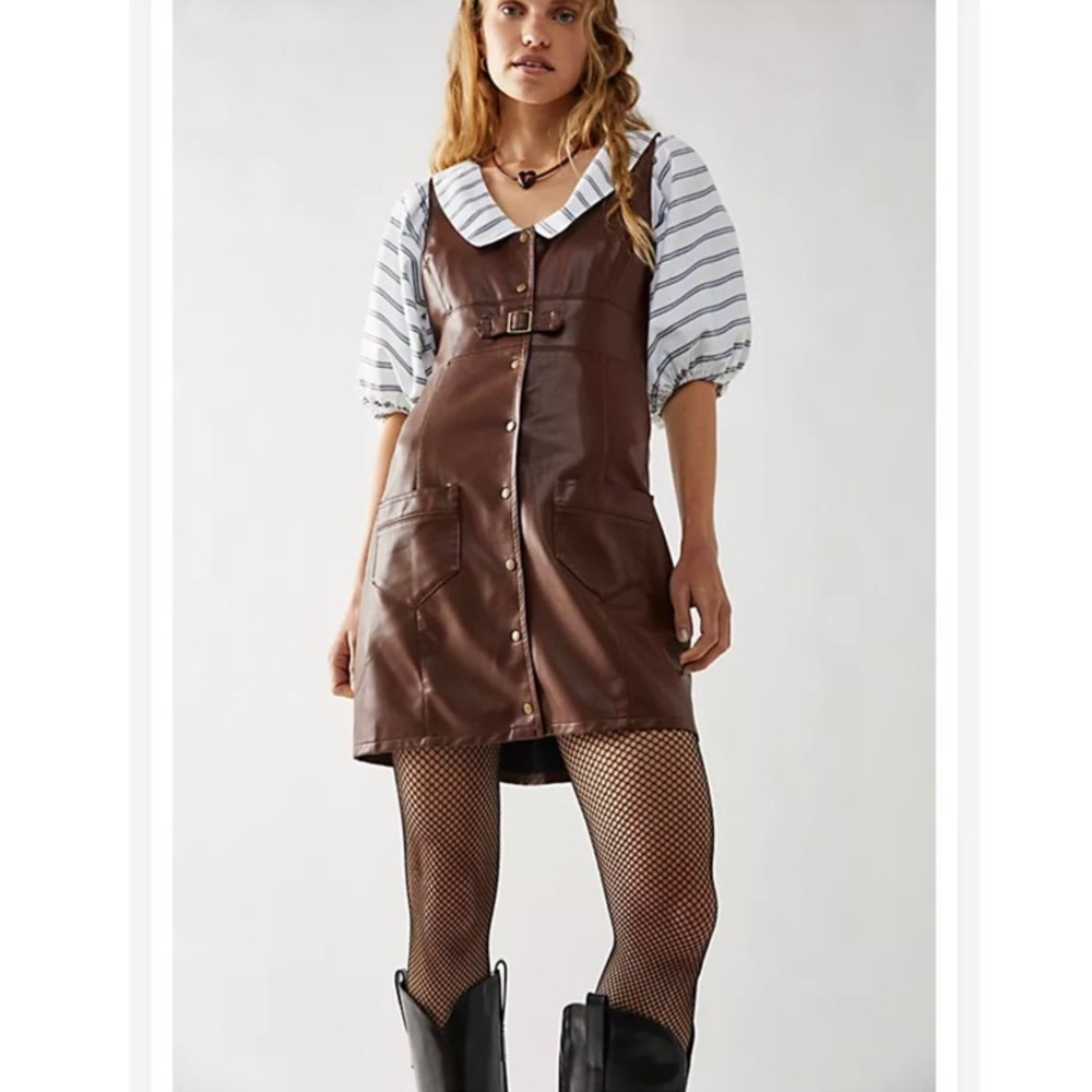Free People Elandra Mini Dress in Brown Vegan Leather Size 6